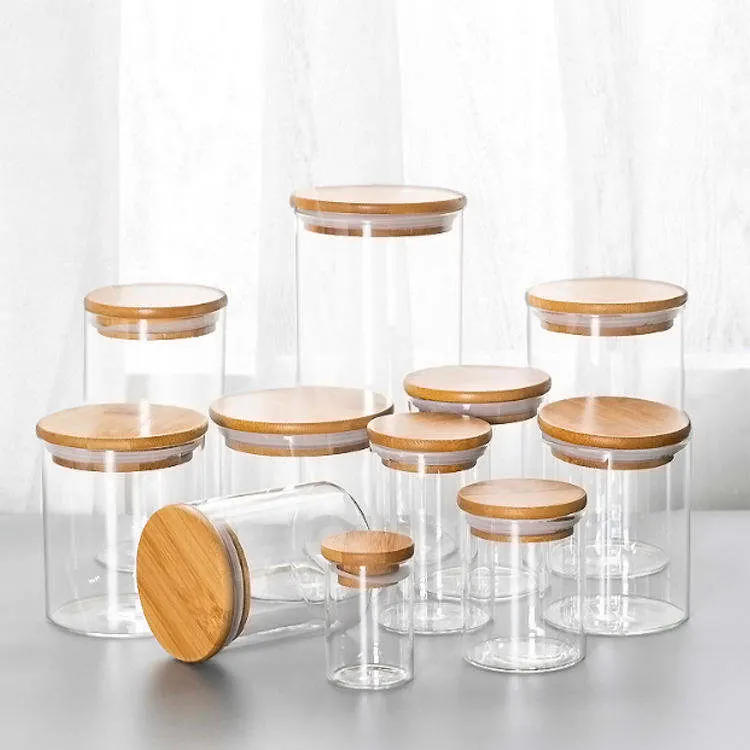 Food Storage Jars with Airtight Bamboo Lid Borosilicale Clear Glass Jar